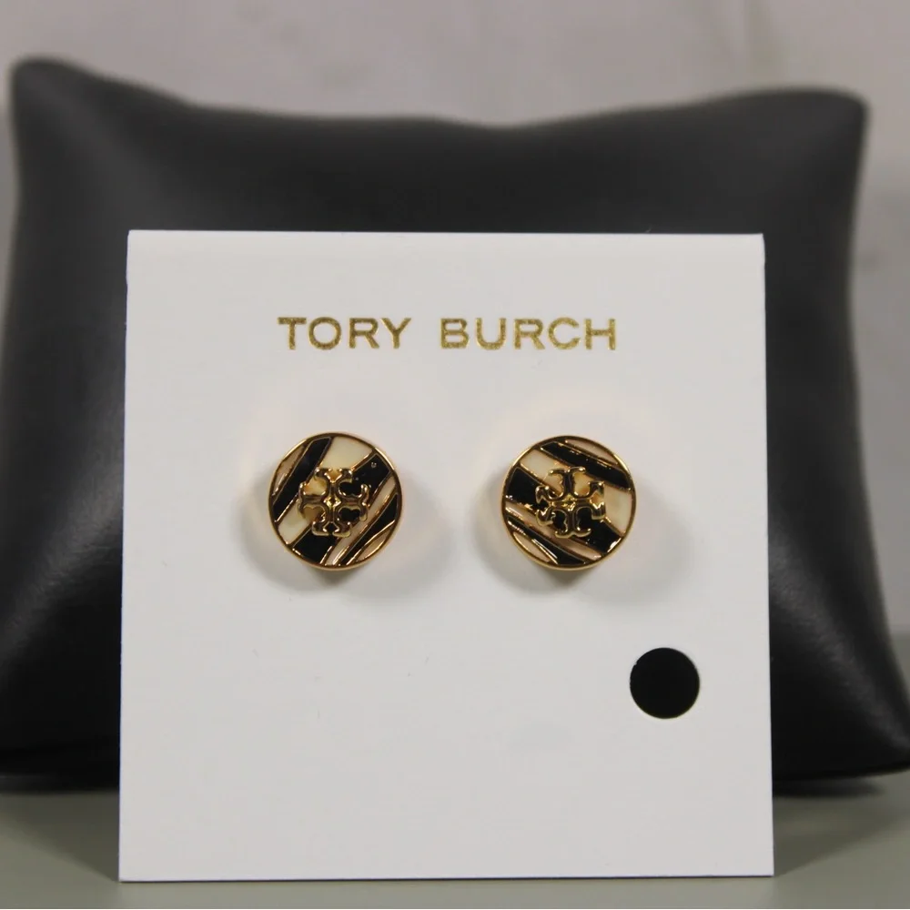 Tory Burch Gold Logo Enamel Stud Earrings - Picture 3 of 3